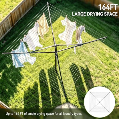 Enayplon 4-Arm Umbrella Clothes Drying Rack, 164 FT Rotary Outdoor Clothesline, Height Adjustable Foldable Laundry Dryer with Ground Spike & Waterproof Protective Cover for Backyard Patio Garden