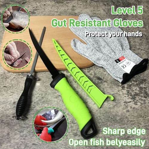 Fishing Knife Set, Fish Cleaning Kit, Filet Knife for Fish, Fish Scale Cleaning Brush, Multi-Functional Scissors, Gloves, Fishbone Tweezers, Storage Bag,Fishing Accessories,Fishing Tool Kit - size: 7PCS-Green