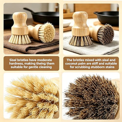 Bamboo Dish Brush Set with Palm and Sisal Bristles, 4 Pcs Natural Bamboo Dish Scrubber Brush for Kitchen Cleaning, Pots, Pans, Vegetables, Fruit