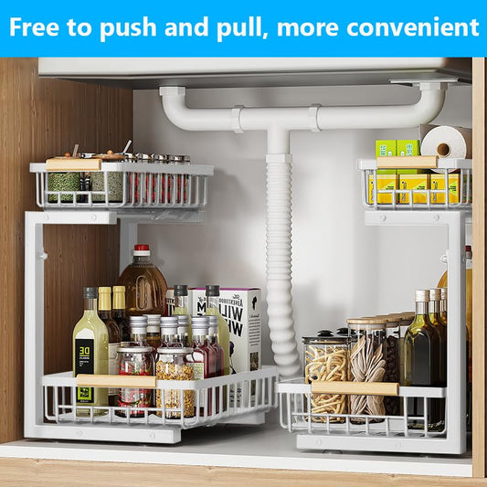 Merrylun Under Sink Organizers,5 Adjustable Height，Metal Pull Out Under Sink Organizers and Storage Shelves with Sliding Drawer, White 1pack（Hight 13.6″-16.9″） - color: White, size: 1 pack