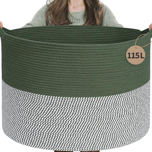 INDRESSME 115L Extra Large Woven Rope Blanket Basket Living Room Green - color: Green & White, size: 23.6"D x 15.7"H