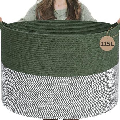 INDRESSME 115L Extra Large Woven Rope Blanket Basket Living Room Green - color: Green & White, size: 23.6"D x 15.7"H