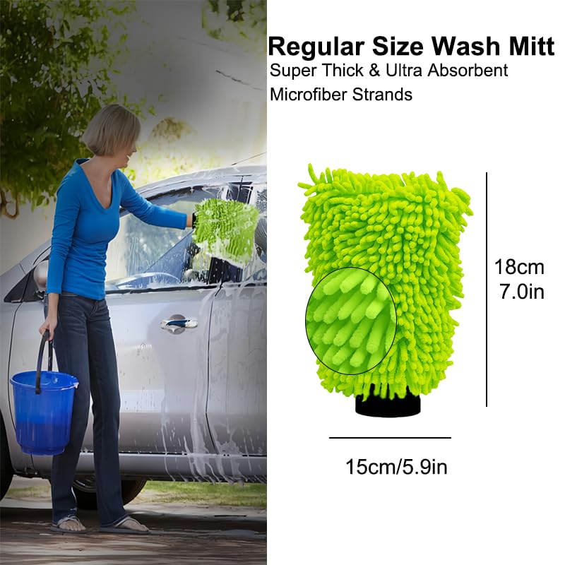 Car Wash Mitt(5.9In × 7.08In), Scratch-Free Double-Sided Wash Brush, Microfiber Wet & Dry Soft Plush Gloves for Cleaning Cars and Home, Car Cleaning Accessories, Machine Washable, Green