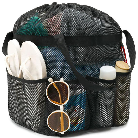 Fammart Mesh Shower Caddy Portable with Drawstring, Dorm Room Essentials for College Girls Guys, 8-Pocket Extra Large Shower Bag Basket Tote for Camping Beach Gym Travel Toiletry Bathroom - color: Black, size: Drawstring Closure