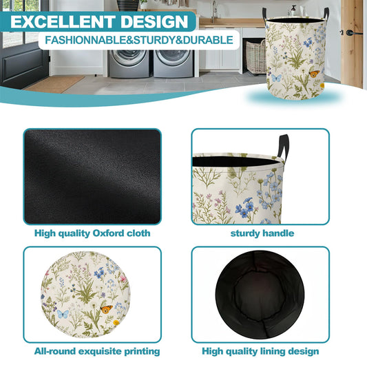 Wildflower Botanical Portable Laundry Hamper,Butterfly Flowers Collapsible Clothes Basket with Handles,Waterproof Oxford Cloth Organizer for Dorm Bedroom Bathroom Nursery,16 x 20 Inch - color: Wildflower Botanical,Butterfly Flowers
